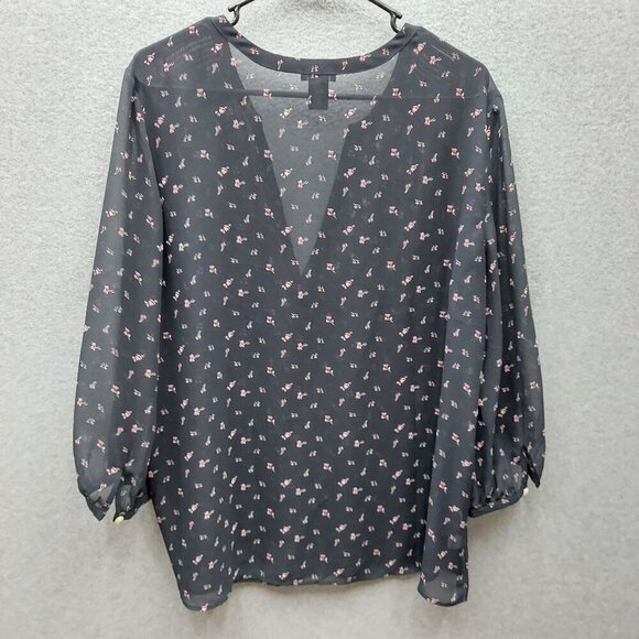 Ann Taylor Womens Floral Print Blouse Size L Black & Pink - Picture 2 of 3